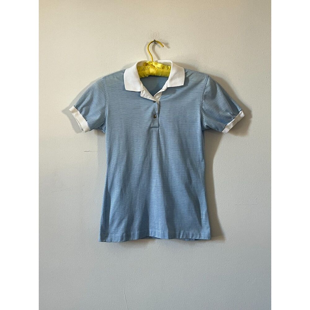 Vintage 80s Blue White Striped Polo Shirt 100% Cotton Ms Monogram Womens S